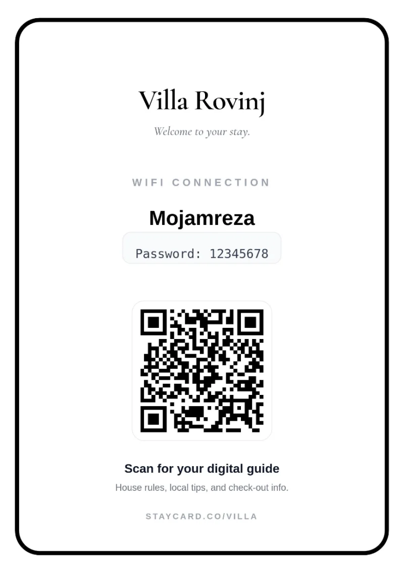 A printable Staycard welcome card with WiFi details and a QR code