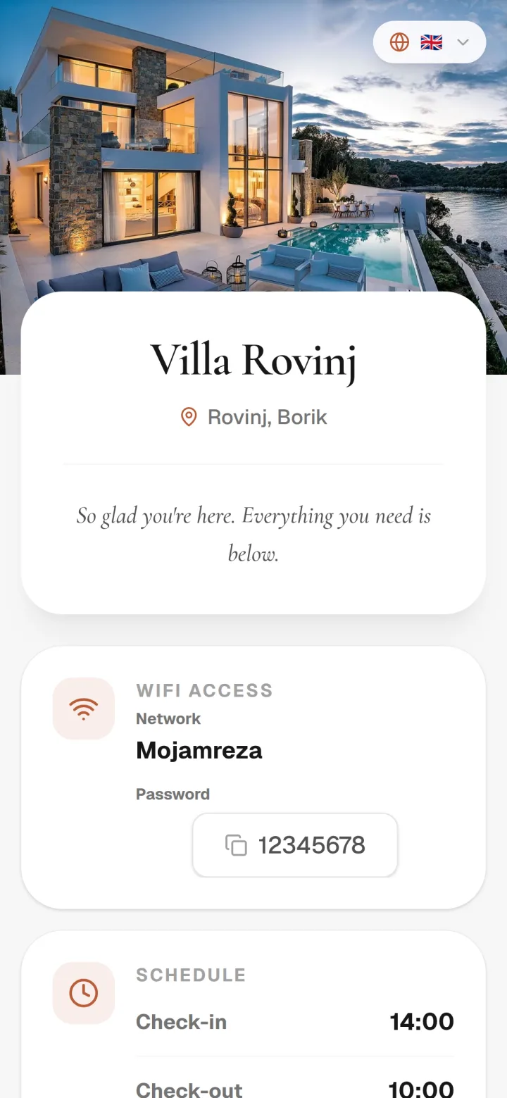 A live Staycard guest page shown on an iPhone