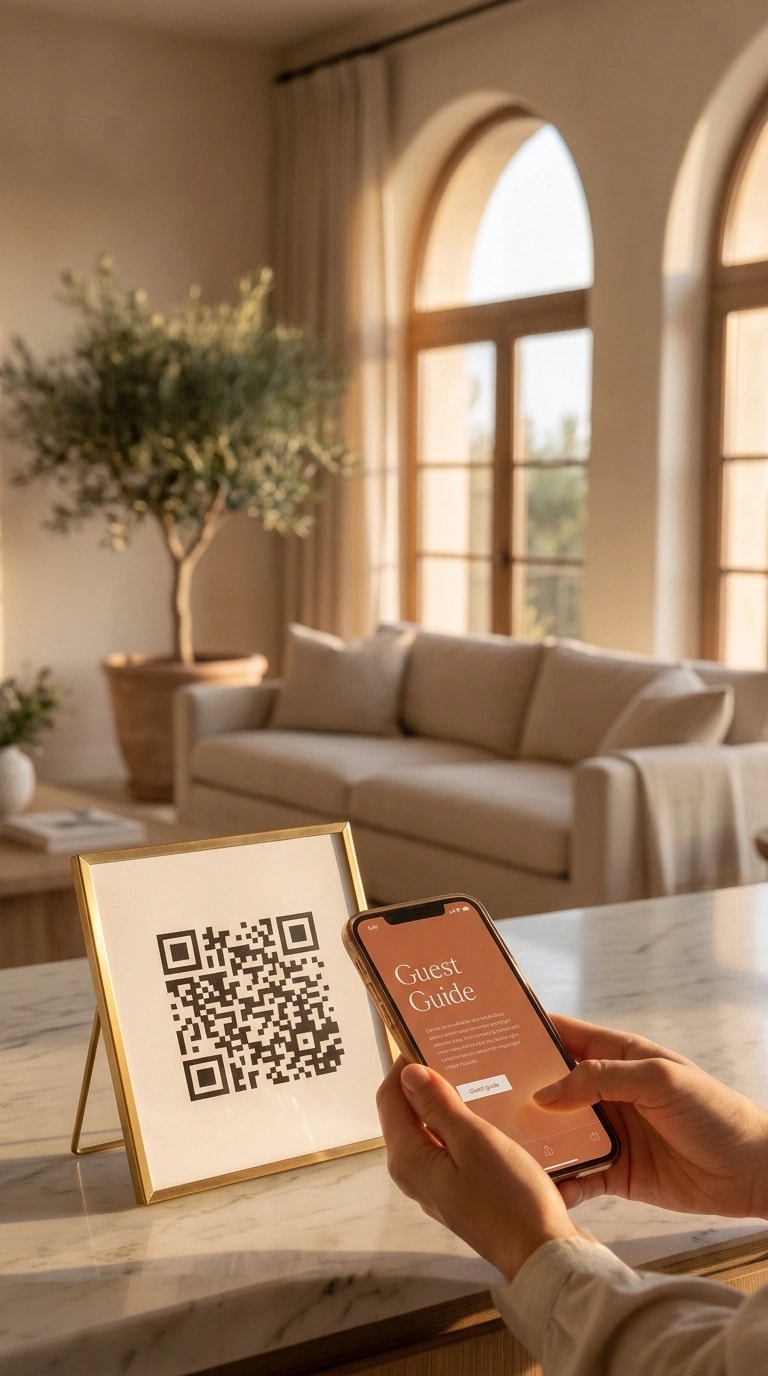 Guest scanning a Staycard QR code in a bright rental living room